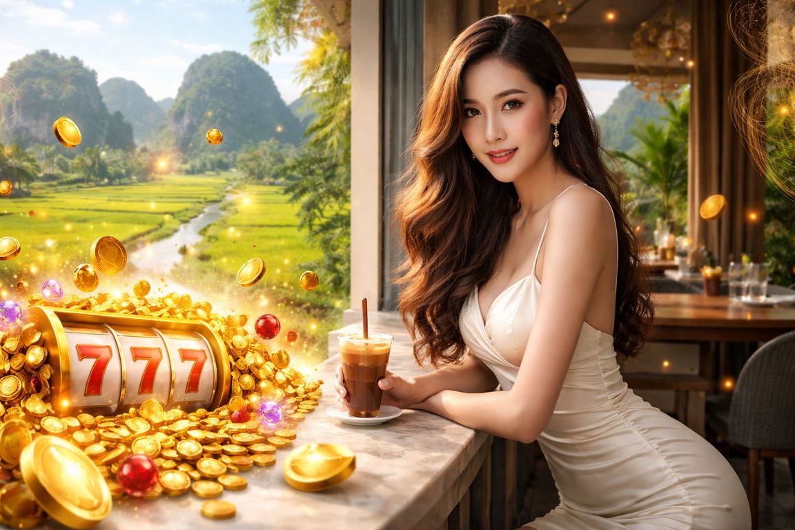 Người dùng Ninh Bình chơi Slot Game trên điện thoại tại quán cà phê buổi chiều